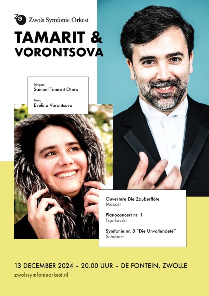 Poster voor het Najaarsconcert 2024 van het Zwols Symfonie Orkest met de titel 'Tamarit & Vorontsova'. Dirigent Samuel Tamarit Otero en pianiste Evelina Vorontsova staan afgebeeld. Het concertprogramma vermeldt werken van Mozart, Tsjaikovski en Schubert. Datum: 13 december 2024, locatie: De Fontein, Zwolle